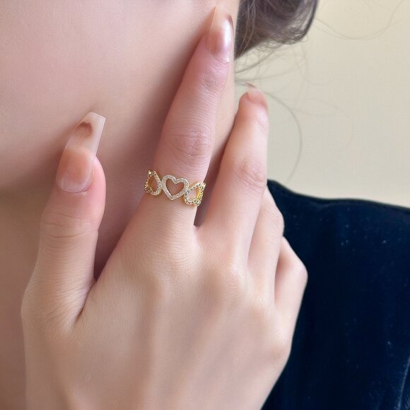 3/$35 Dainty Gold Hearts Shape Open Ring Cubic Zirconia CZ Diamond Jewelry - Picture 4 of 8